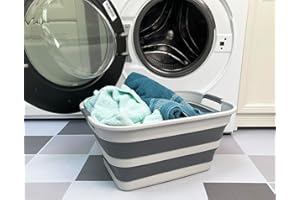 SAMMART SMMART Collapsible Plastic Laundry Basket with Handle/Foldable Pop Up Storage Hamper/Portable Laundry Organizer-Space Saving Washing Tub/Household Storage Supplies (Grey/Steel Grey, 27L)