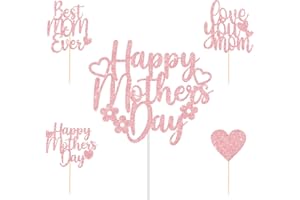 CAVLA 25 Pieces Happy Mother's Day Cake Topper and Mother's Day Cupcake Toppers Rose Gold Glittery Mothers Day Cupcake Picks Cake Decorations Love You Mom Best Mom Ever Party Cupcake Decorations