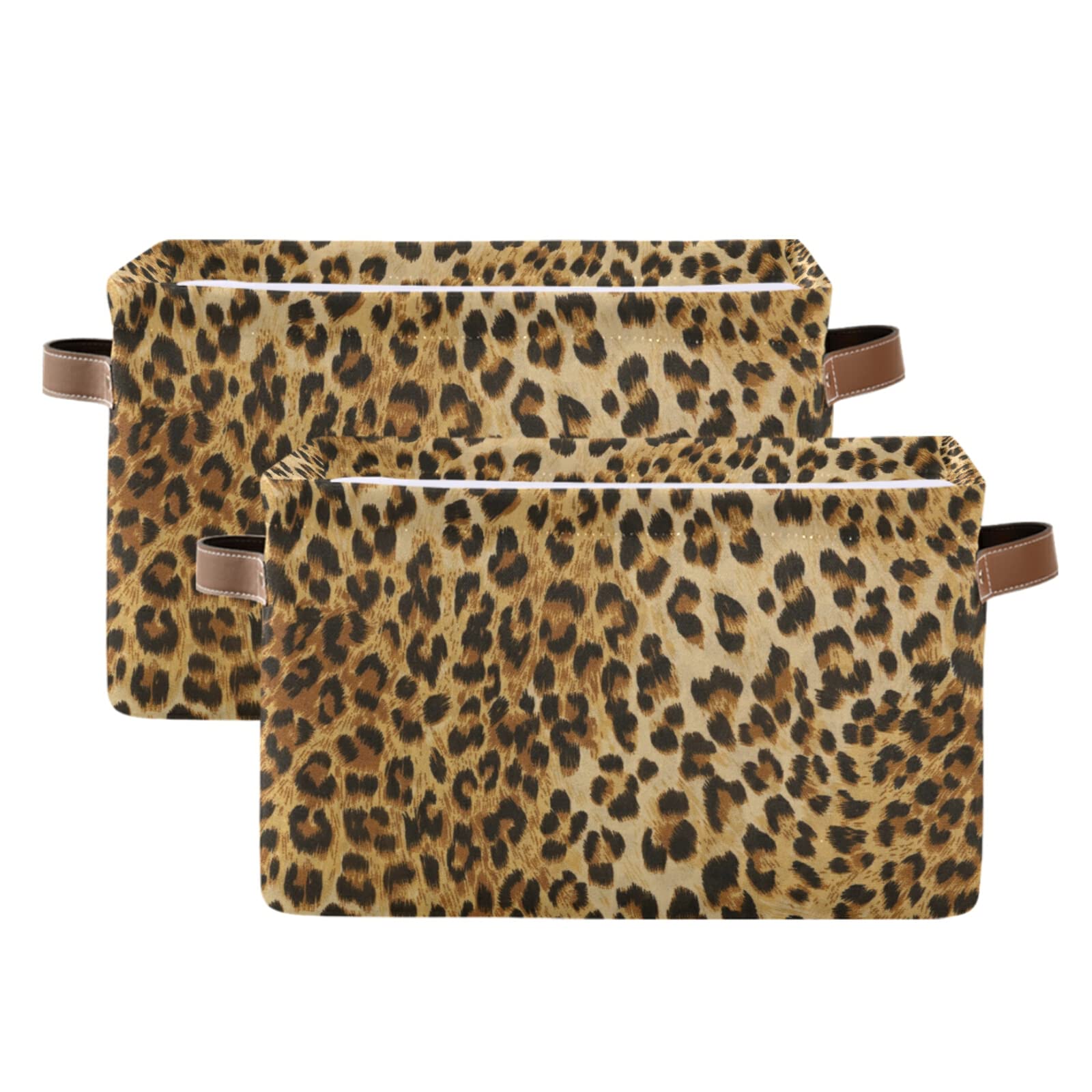 Photo 1 of Leopard Print Canvas Storage Bin - Large Animal Toys Basket Cube Box With Handles for Home Office Bedroom Closet Shelves, 2 Pcs