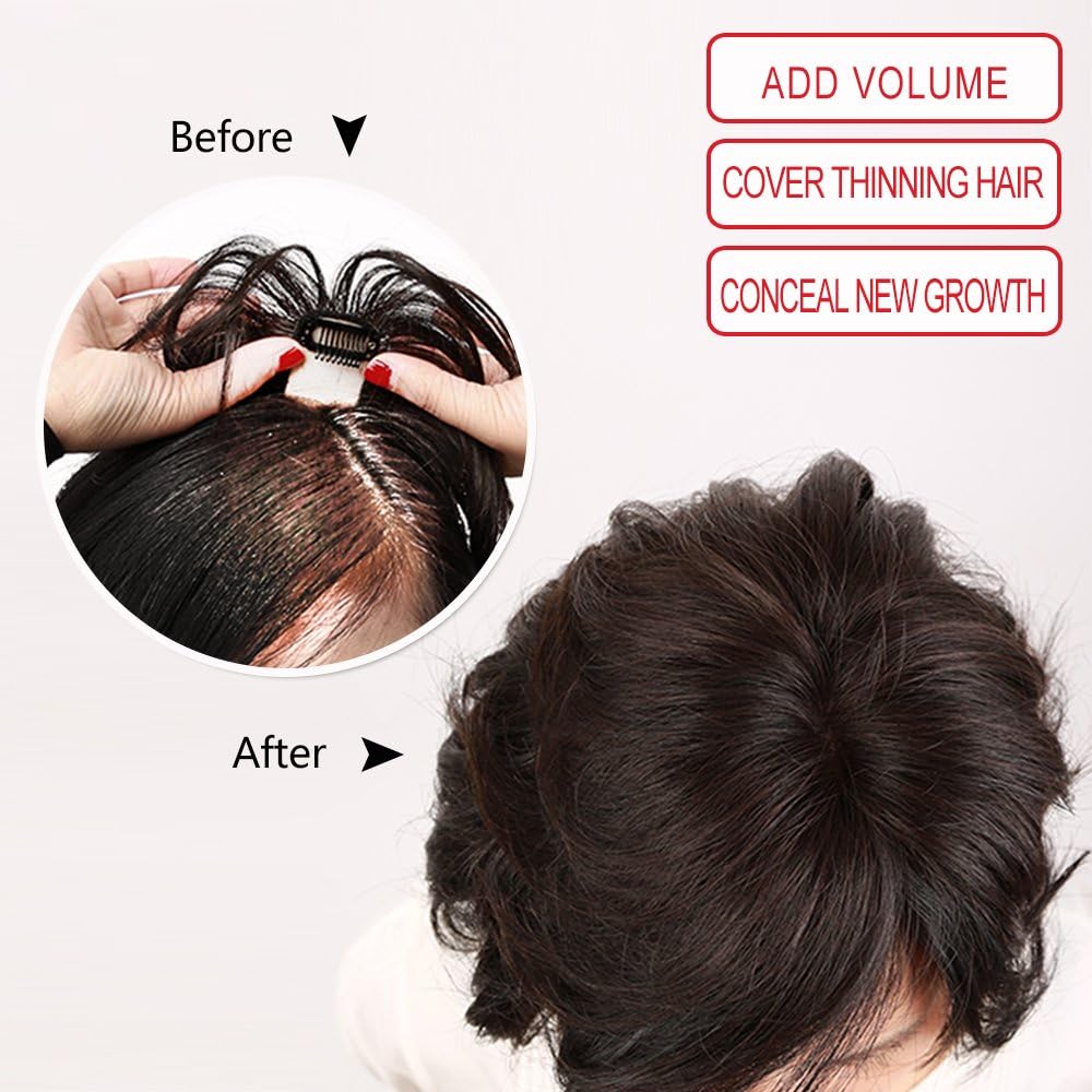 Igennki Hand Tied Mono Top Hair Pieces Human Hair Topper Clip in Hair Wiglets for Women Thinning Hair,Hair Loss (Base 1.6"3.1", Brown)