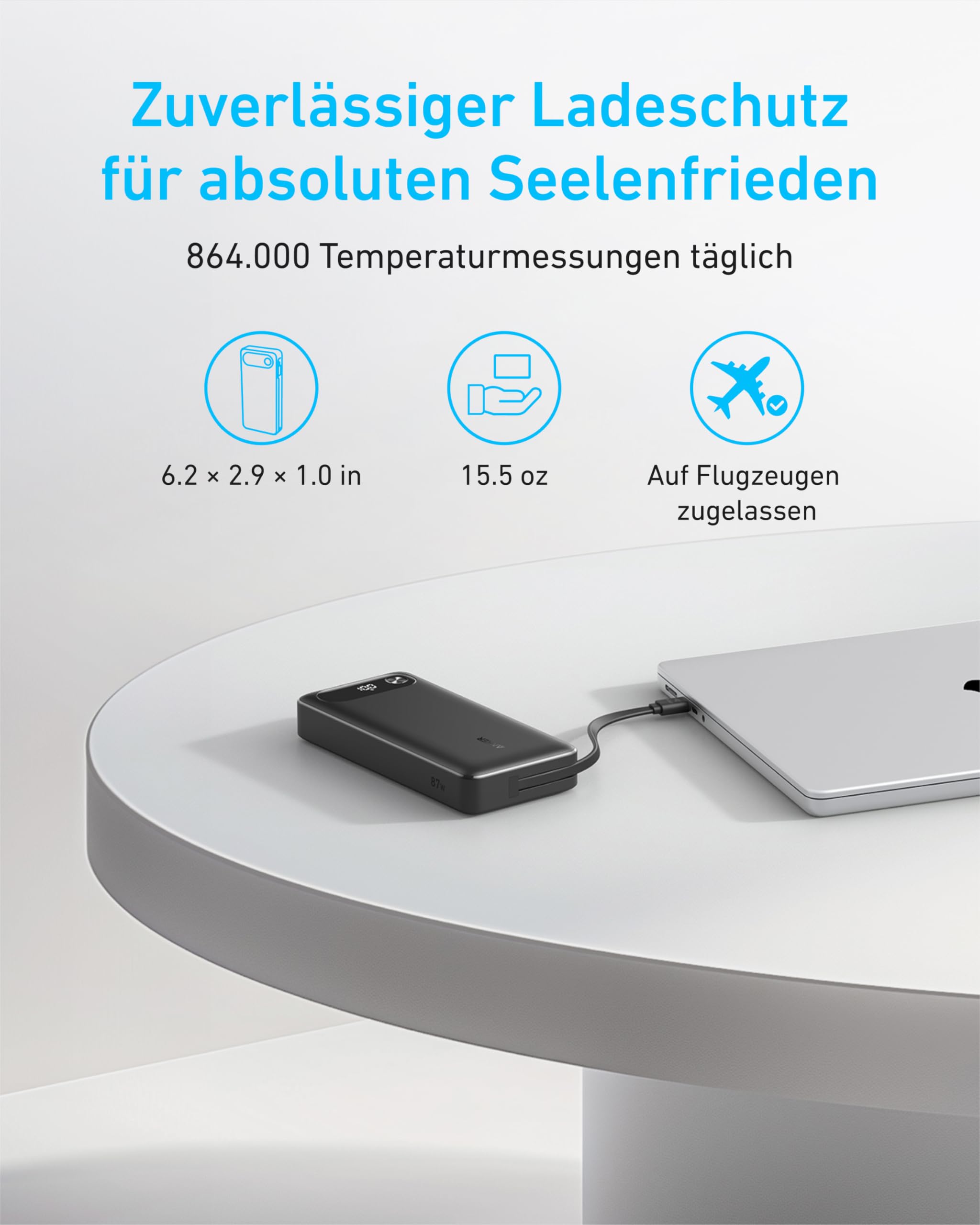 Anker Powerbank, 20000mAh 87W Max, integriertes USB-C Kabel 6