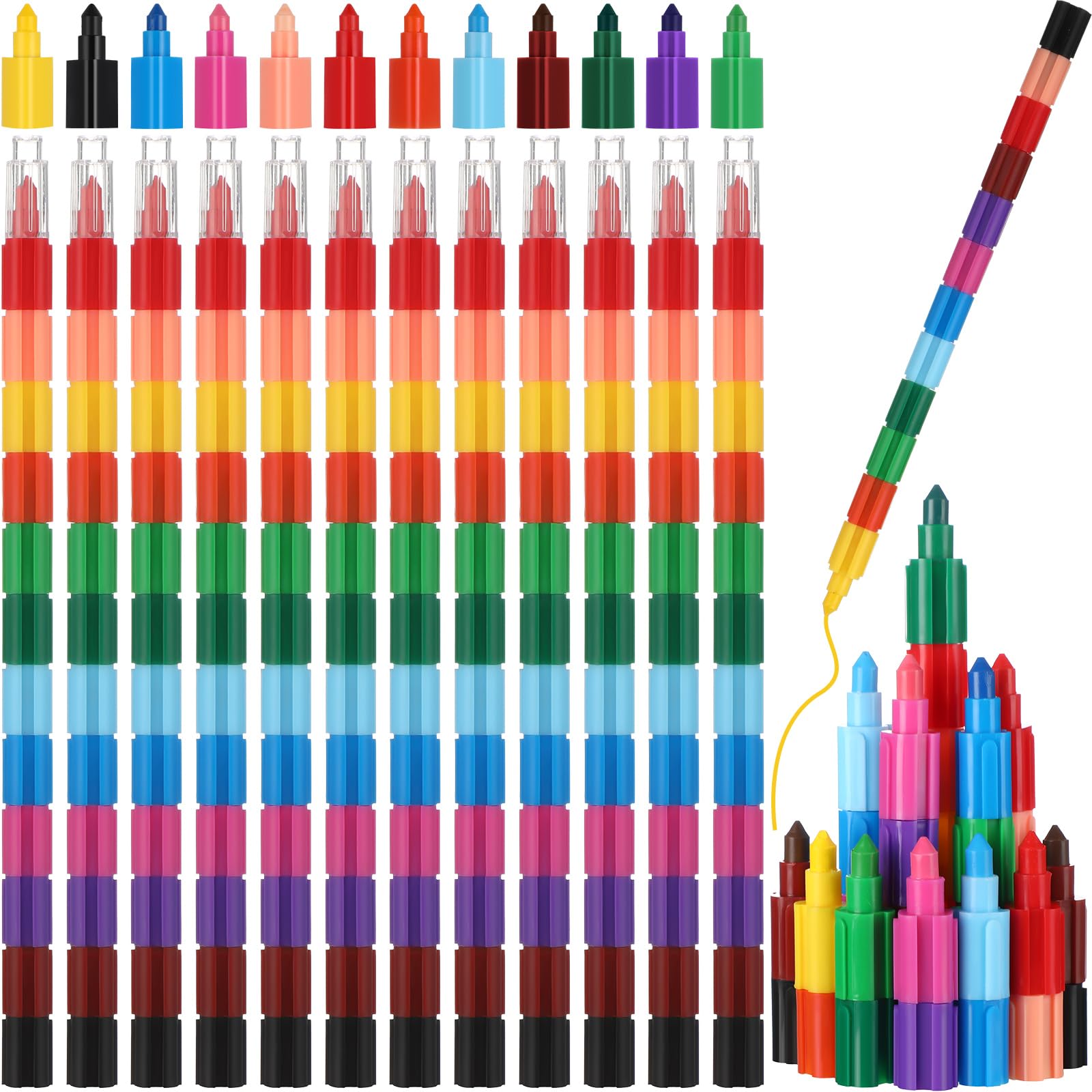 Marspark 20 Pcs Stackable Crayons Stacking Buildable Crayons Colorful Stackable Pencils Party Favors DIY Rainbow Pencil for School Office Birthday Party, 12 Colors(Fresh Color,Building Block)