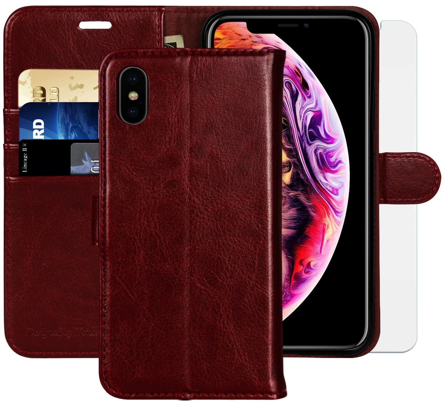MONASAY iPhone Xs MAX Wallet Case,6.5-inch, [Glass Screen Protector Included][RFID Blocking] Flip Folio Leather Cell Phone Cover with Credit Card Holder for iPhone Xs MAX,Burgundy