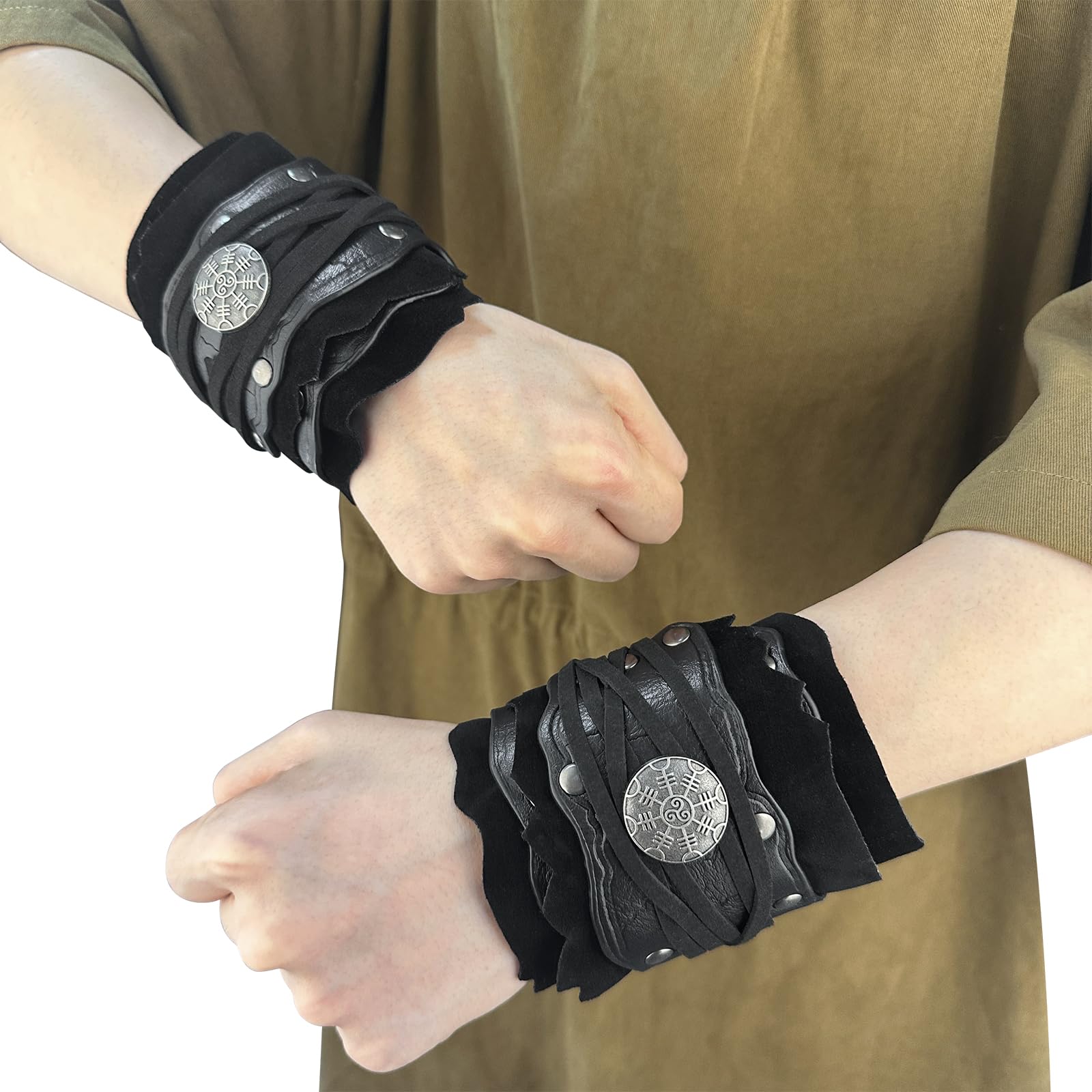 HiiFeuer Medieval Suede Arm Wraps, Renaissance Faux Leather Bracers, Viking Wrist Band Archery Arm Guards Knight Gauntlets (Black B)