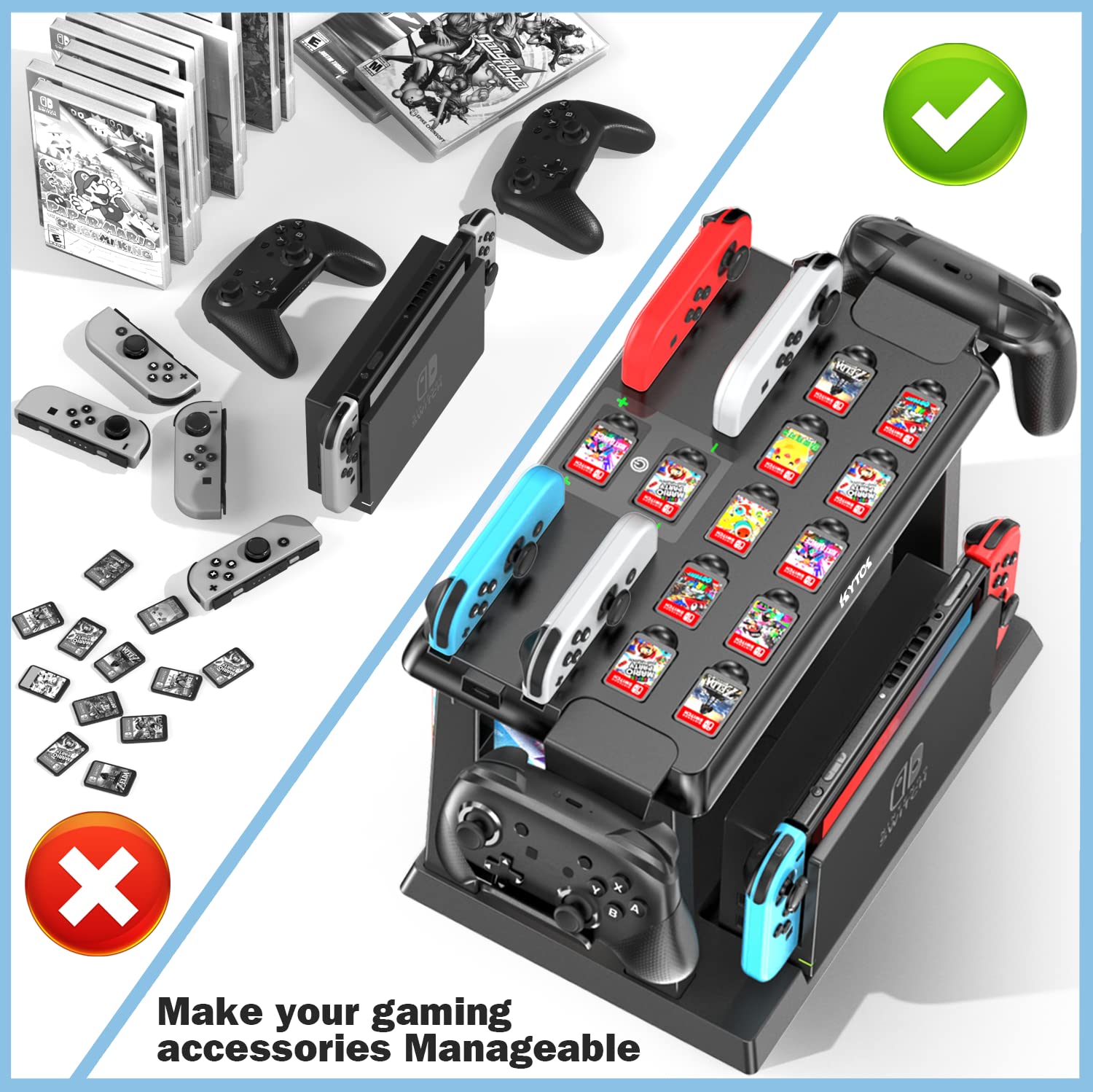 Switch Games Organizer Station with Controller Charger, Charging Dock for Nintendo Switch & OLED Joycons, Mounts, Brackets & Stands for Games, TV Dock, Pro Controller, Accessories Kit Storage