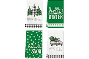 Artoid Mode Buffalo Plaid Truck Trees Green Merry Christmas Kitchen Towels Dish Towels, 18x26 Inch Hello Winter Holiday Decoration Hand Towels Set of 4