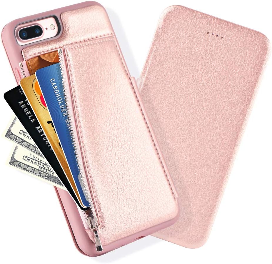 LAMEEKU iPhone 8 Plus Wallet Case, iPhone 7 Plus Flip Case with Back of Phone Wallet, Shockproof Leather Case with Zipper Money Pouch Magnetic Closure for iPhone 7 Plus/iPhone 8 Plus, 5.5"-Rose Gold