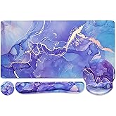 4-in-1 Gaming Mouse Pad Wrist Support Set，Desk Pad + Mouse Pad with Wrist Rest + Keyboard Wrist Rest + Coaster, Ergonomic Design for Home Office Study Game - Purple Marble