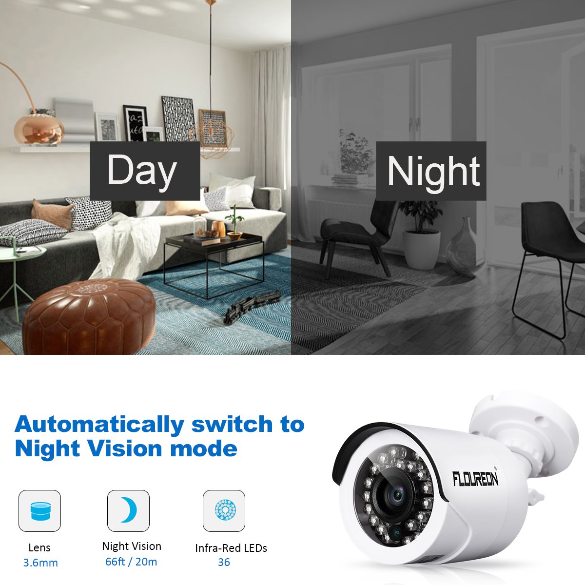 FLOUREON 2000TVL Überwachungskamera 1,3MP Outdoor Kamera Nachsicht für AHD 1080N DVR Videoüberwachung Wasserdicht Weiß