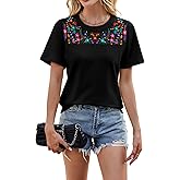 Mexican Embroidered Shirt Women Mexico Shirts Boho Floral Embroidery Top | Women Mexican Embroidered Shirt Mexico T-Shirt Traditional Summer Blouse Boho Floral Embroidery Tunic