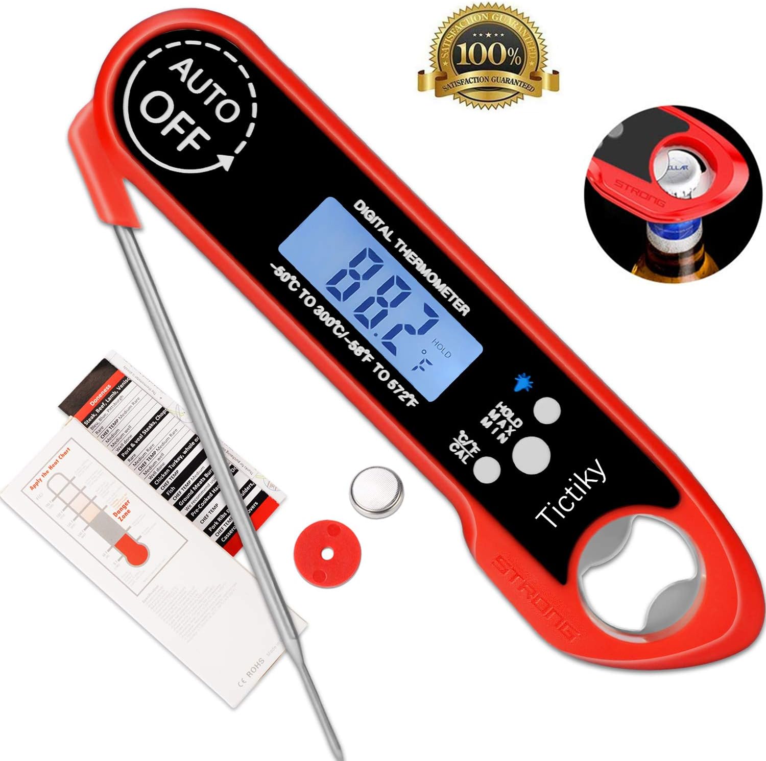 Tictiky Instant Read Meat Thermometer-Waterproof Ultra Fast Digital Food Cooking Thermometer with Backlight, Magnetic & Calibration, Best Digital Thermometer for Kitchen Outdoor BBQ and Grill-Red