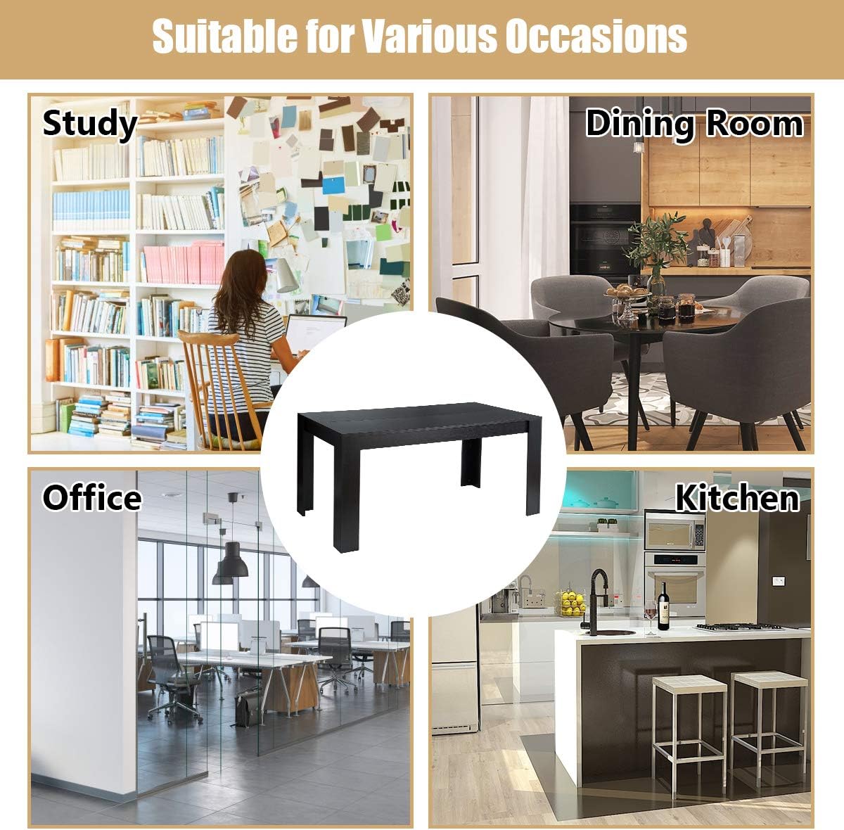 Giantex Wood Dining Table Rectangular Kitchen Table Modern Home Furniture 63" Lx31.5 Wx30 H (Black) - Tables