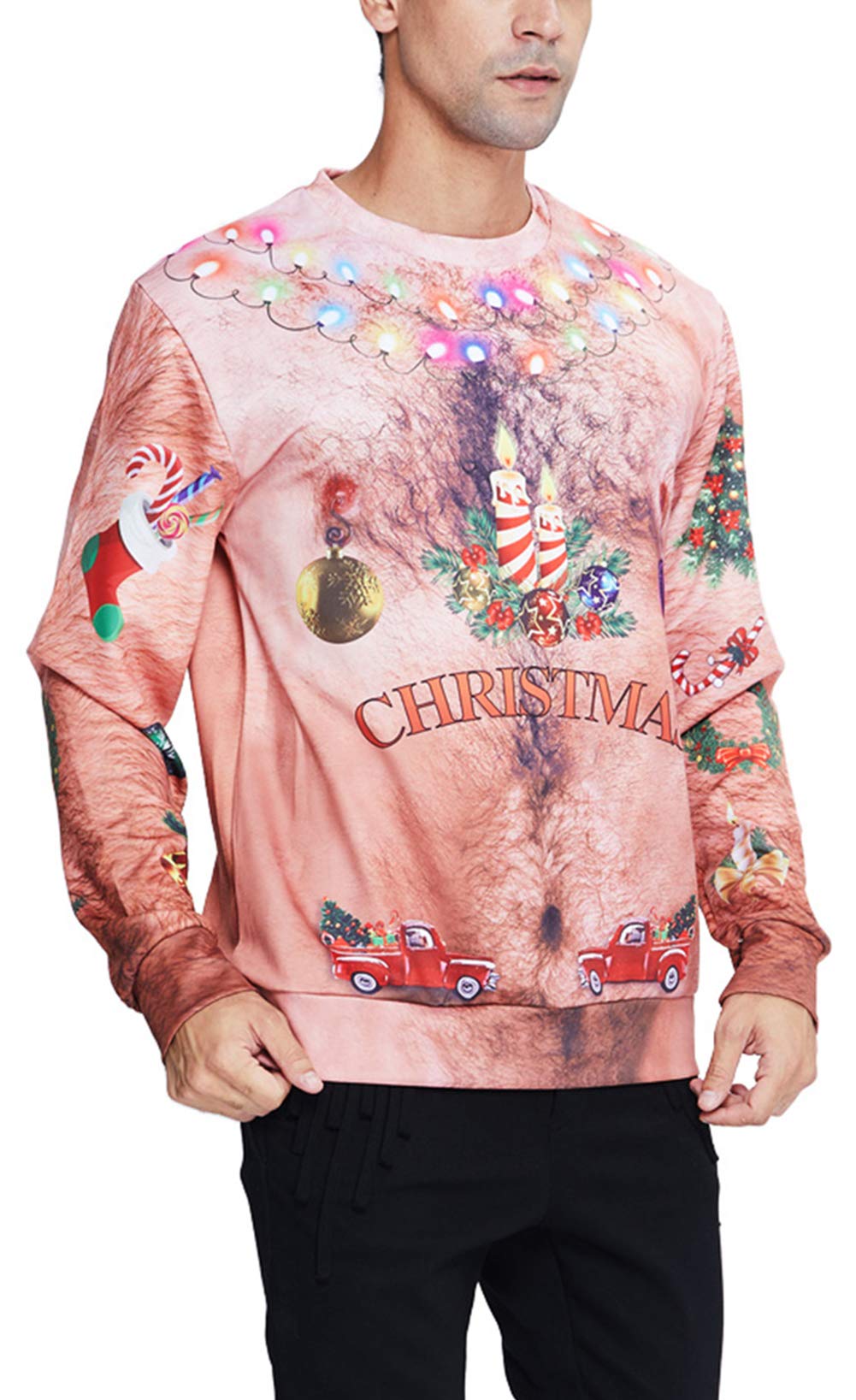 Goodstworld Funny Christmas Hairy Chest Sweater Cool Brown Novelty 3D Xmas Light Necklace Print Pullover Sweater Shirts Blouse Ugly Graphic Xmas Sweatshirts for Xmas Party Large