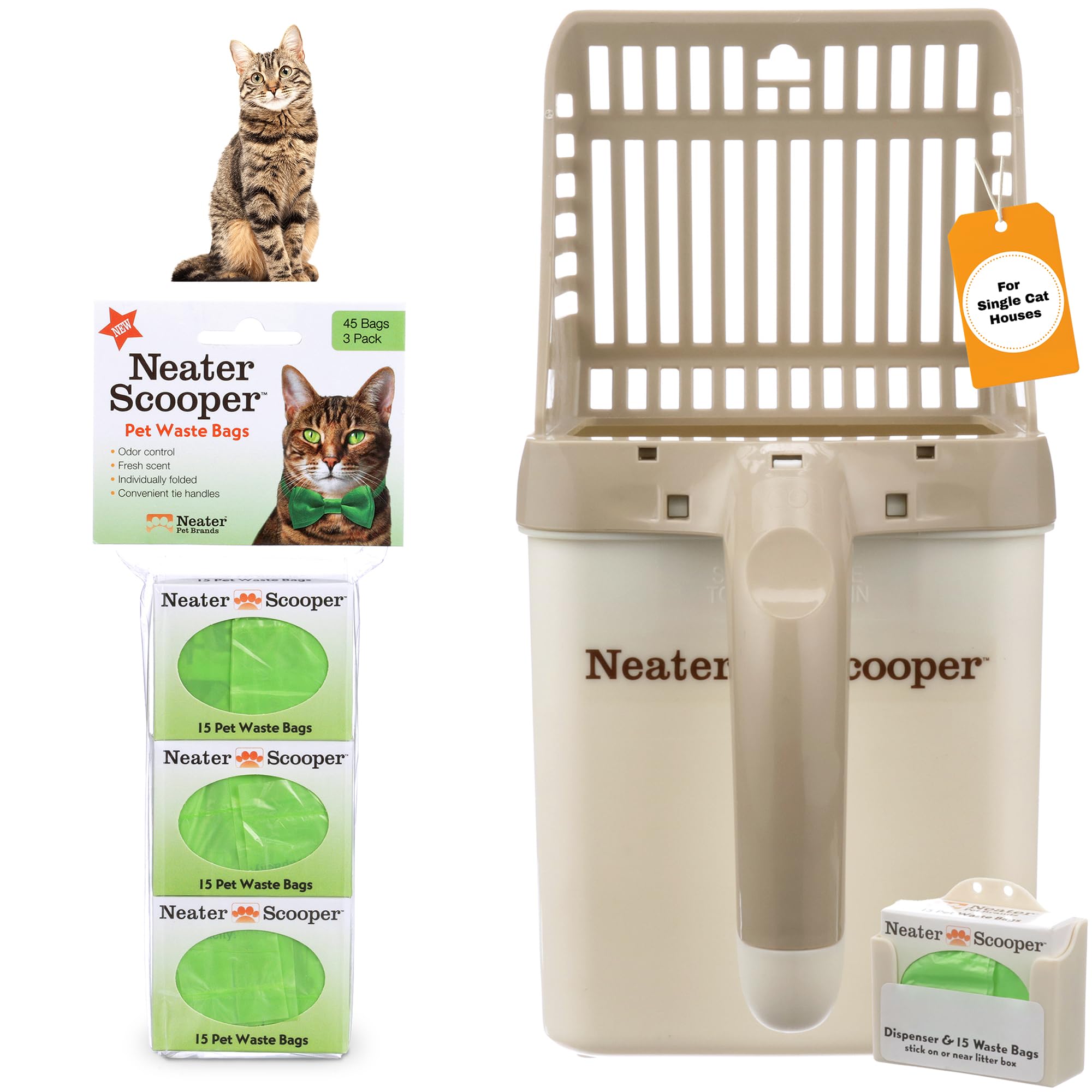 Neater Pet Brands - Neater Scooper Cat Litter Scoop and 60 Count Refill Bag Bundle - Cat Litter Sifter Poop Scoop System with Extra Waste Bags, Tan
