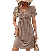 Acelitt Womens Casual Summer Twist Front V Neck Short Sleeve Mini Dress, S-XXL