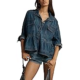 D-Sun Women's Denim Cropped Top Babydoll Long Sleeve V Neck Pullover Button Down Blouses Top
