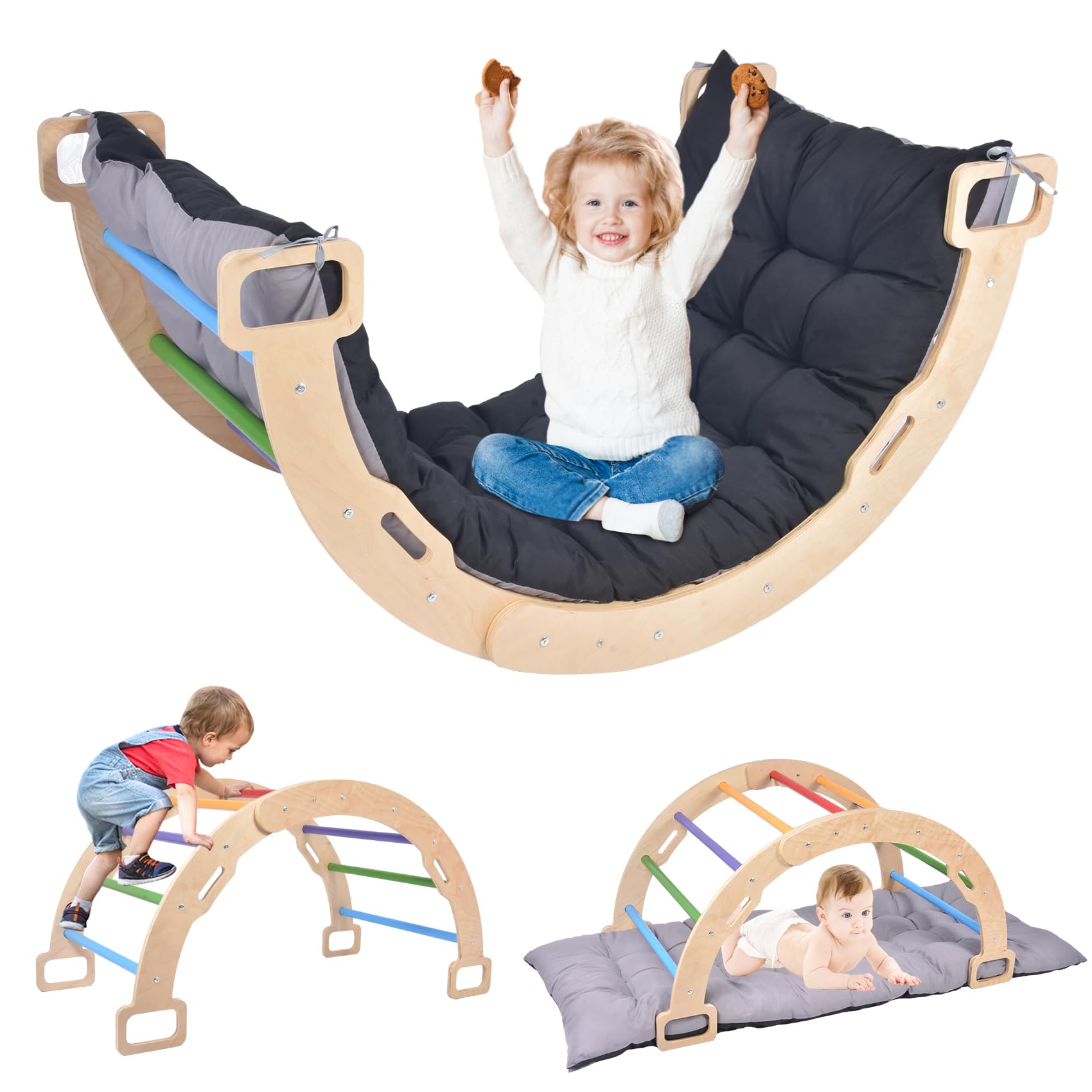 BIERUM Climbing Arch for Toddler - Montessori Arch Rocker Indoor, Wooden Climber Toys, Pikler Triangle Climber Arch Rocker with Two-Color Soft Cushion, Rainbow