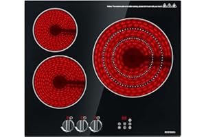 Eelectric Cooktop 24 inch, ECOTOUCH 3 Burner Radiant Electric Cooktop Built-in, 24" Stove Top Knob Control, Timer&Child Safety Lcok, 5700W, 220-240V for Hard Wire(No Plug)