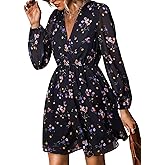 CUPSHE Women's Mini Dresses Casual Spring V Neck Chiffon Long Peasant Sleeves Flowy Spring Dress