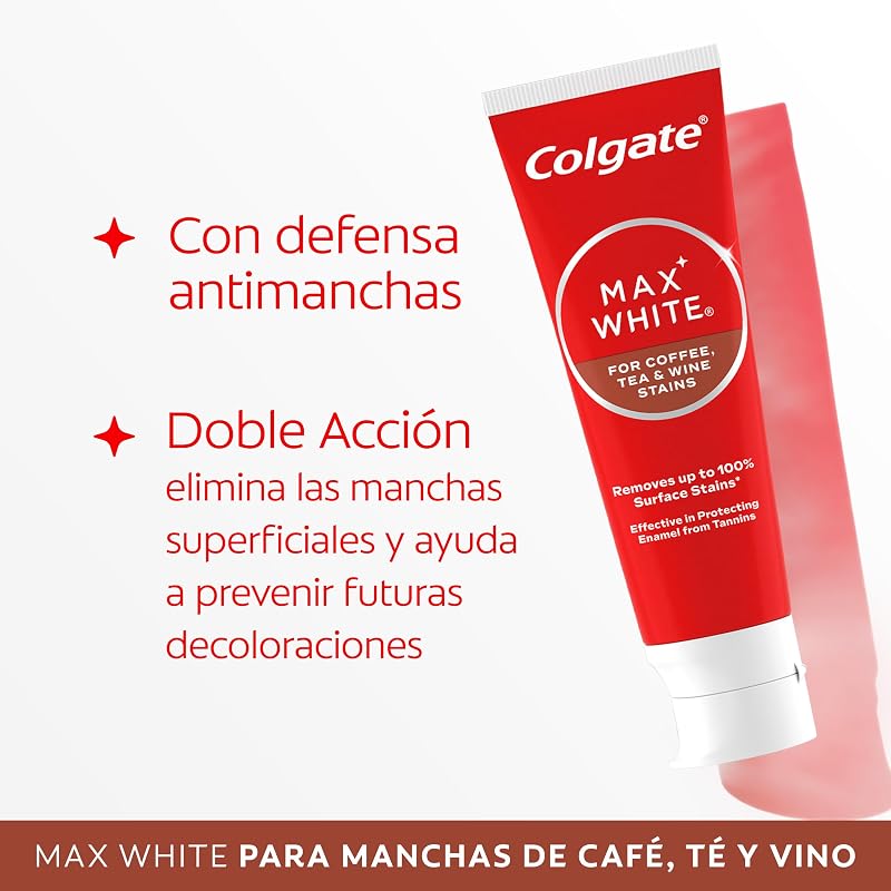 Pasta de dentes branqueadora Max White For Coffee 4 x 75ml, Tea & Wine, remove até 100% das manchas superficiais, protege o esmalte dos taninos, é seguro para o esmalte