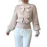 Verdusa Women's Coquette Bow Sweater High Neck Fuzzy Pullover Tops