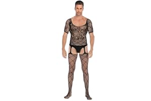 SINROYEE Men's Sheer Lace Lingerie Sissy clothes Sexy Tight Cut Out Elastic Nightgown One-piece Bodysuit