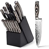 Kitchen Knife Set,15-Piece Knife Set With Block Wooden,Self Sharpening For Chef Knife Set,High Carbon Japan Stainless Steel Hammered Collection Knife Block Set with Steak Knives (Gray)