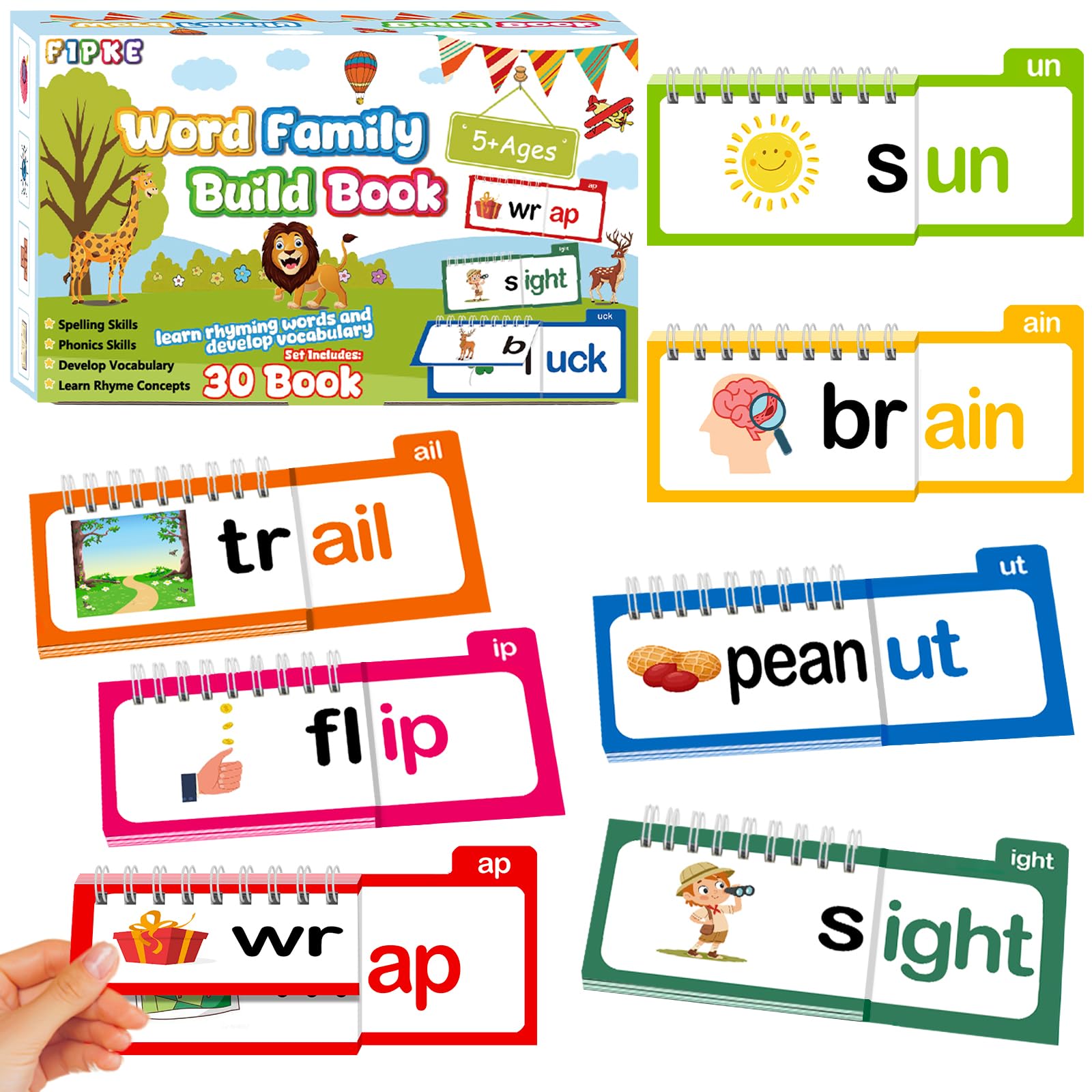 Word Family Build Book, 30 Read and Rhyme Flip Activity Book, ABC Vocabulary Flash Cards CVC Words Reading Games for Kids Ages 4-8 Preschool Learning Activities Families Educational Games