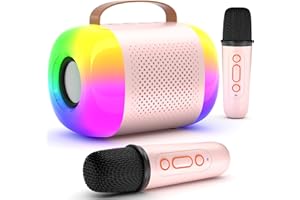 CuuKiee Mini Karaoke Machine for Kids and Adults, Portable Bluetooth Speaker with 2 Wireless Microphones and LED Colorful Lights, Birthday Gifts for Girls 3-12 Years Old Toddler Toys (Pink)