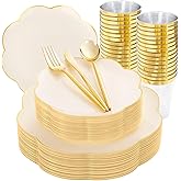 EI 180pcs Beige Plastic Plates with Gold Plastic Silverware,Heavy-Duty Disposable Plates for Party,Beige Dinnerware Set for 30 Guest Wedding,Afternoon Tea,Spring,Mother's Day,Valentine's Day,Easter