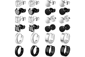 ONESING 15 Pairs Black Earrings for Men, Stainless Steel Mens Earrings set with Studs Hoop Earring Cross Dangle Earrings Hypoallergenic Ear Piercing Jewelry for Men Women