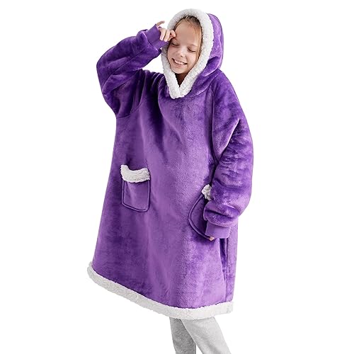 Bedsure Wearable Blanket Hoodie for Kid Sherpa Fleece Hooded