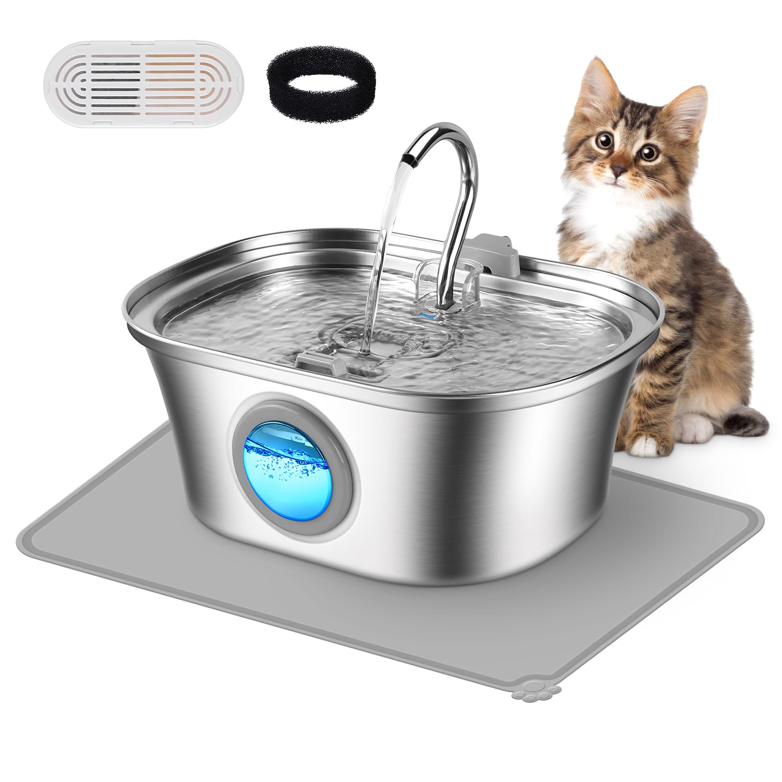 Photo 1 of Cat Water Fountain with Water Level Window, One Set of Filter, 108oz/3.2L Pet Water Fountain for Cats/Dogs Inside, 304 Stainless Steel, Dishwasher Safe with Low Noise Pump, Filtration System
