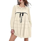 hibshaby Women's Short Babydoll Dress Long Puff Sleeve Dress Bow Tie Mini Dress Fall Dress