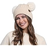 WOOH Womens Beanies for Winter,Knit Hat with Faux Fur Double Pom Pom Beanie for Women,Less Static,Warm Fleece Lined