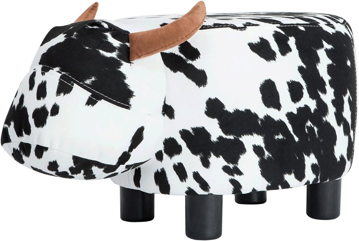 GUTEEN Upholstered Ride-on Toy Seat Ottoman Footrest Stool with Vivid Adorable Animal-Like Features (Black&White Cow)