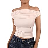 Remidoo Women Ruched Off The Shoulder Crop Top Short Sleeve Shirt Sexy Slim Fitted Tops