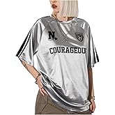 SHENHE Women's Y2k Metallic Jersey Shirt Crew Neck Short Sleeve Football Jersey Ravel Concert Top