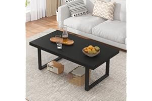 IBF Black Coffee Table, Minimalist Industrial Wooden Center Table, Modern Simple Rectangle Living Room Table, Farmhouse Wood and Metal Cocktail Coffee Table for Home Bedroom Office, Black Oak, 39 inch
