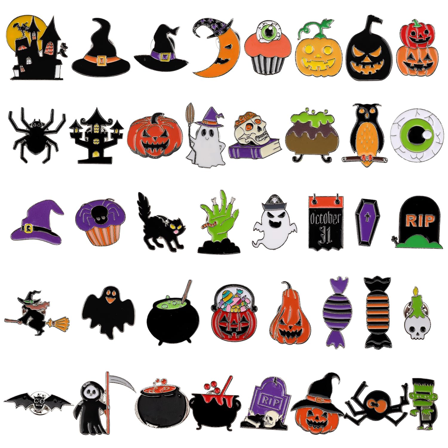 Photo 1 of 40pcs Halloween Pins, Spooky Skull Witch Hat Ghost Pumpkin Black Cat Bat Zinc Alloy Halloween Pins Brooches Funny Lapel Pins for Women Men Backpack Jacket Clothes