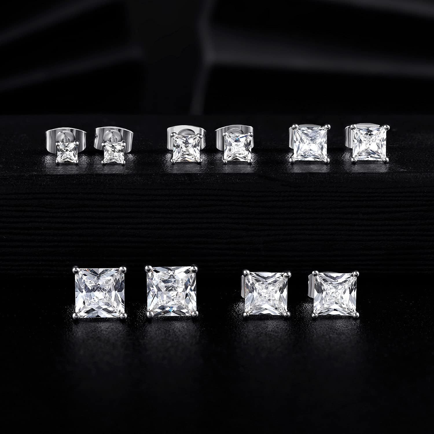 MDFUN 18K White Gold Plated Princess Cut Clear Cubic Zirconia Stud Earring Pack of 5 Pairs: Jewelry