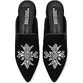 SINSIYONG Embroidered Mules for Women Pointed Toe Bejeweled Backless Velvet Flats Slides with Cruciate Flower Pattern