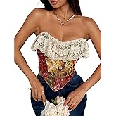GIYKBX Women's Vintage Floral Strapless Corset Top Lace Ruffle Trim Bustier Sexy Going Out Sleeveless Tops