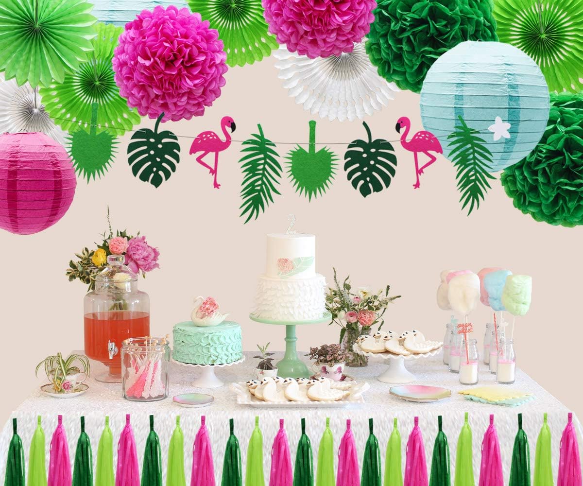 ADLKGG Tropical Flamingo Palm Leaf Banner Party Decorations, Hanging Paper Fans Paper Lanterns Pom Poms Flowers Tissue Tassels for Birthday Baby Shower Summer Hawaiian Party Bachelorette: Arts, Crafts & Sewing