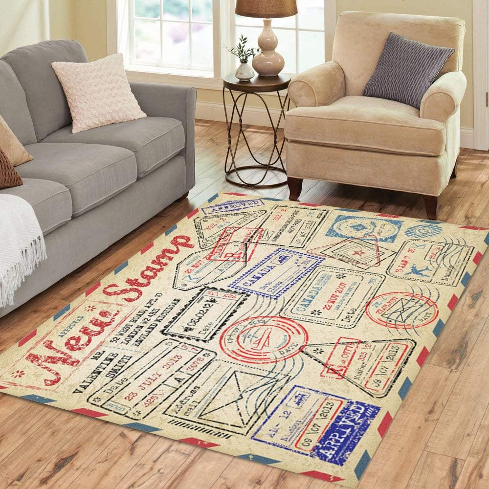 Pinbeam Area Rug Retro New Post Stamp Passport Visa Travel Mail Home Decor Floor Rug 3' x 5' Carpet