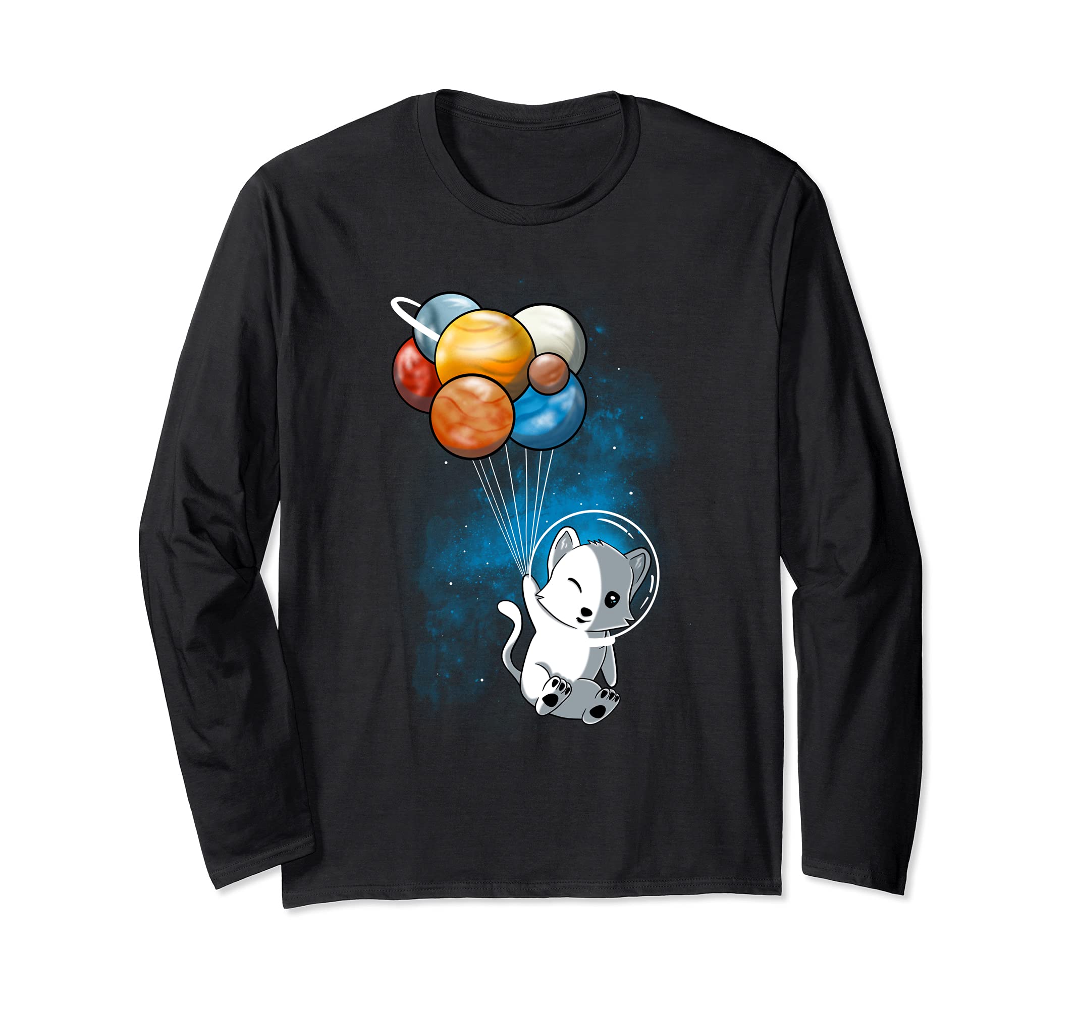 Funny Outer Space Cat Balloon Planets Space Travel Universe Long Sleeve T-Shirt