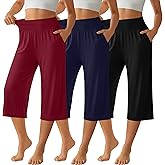 Neer 3 Pack Women Capri Pants, Wide Leg High Waist Crop Lounge Sweatpants Summer Casual Workout Pants with Pocket