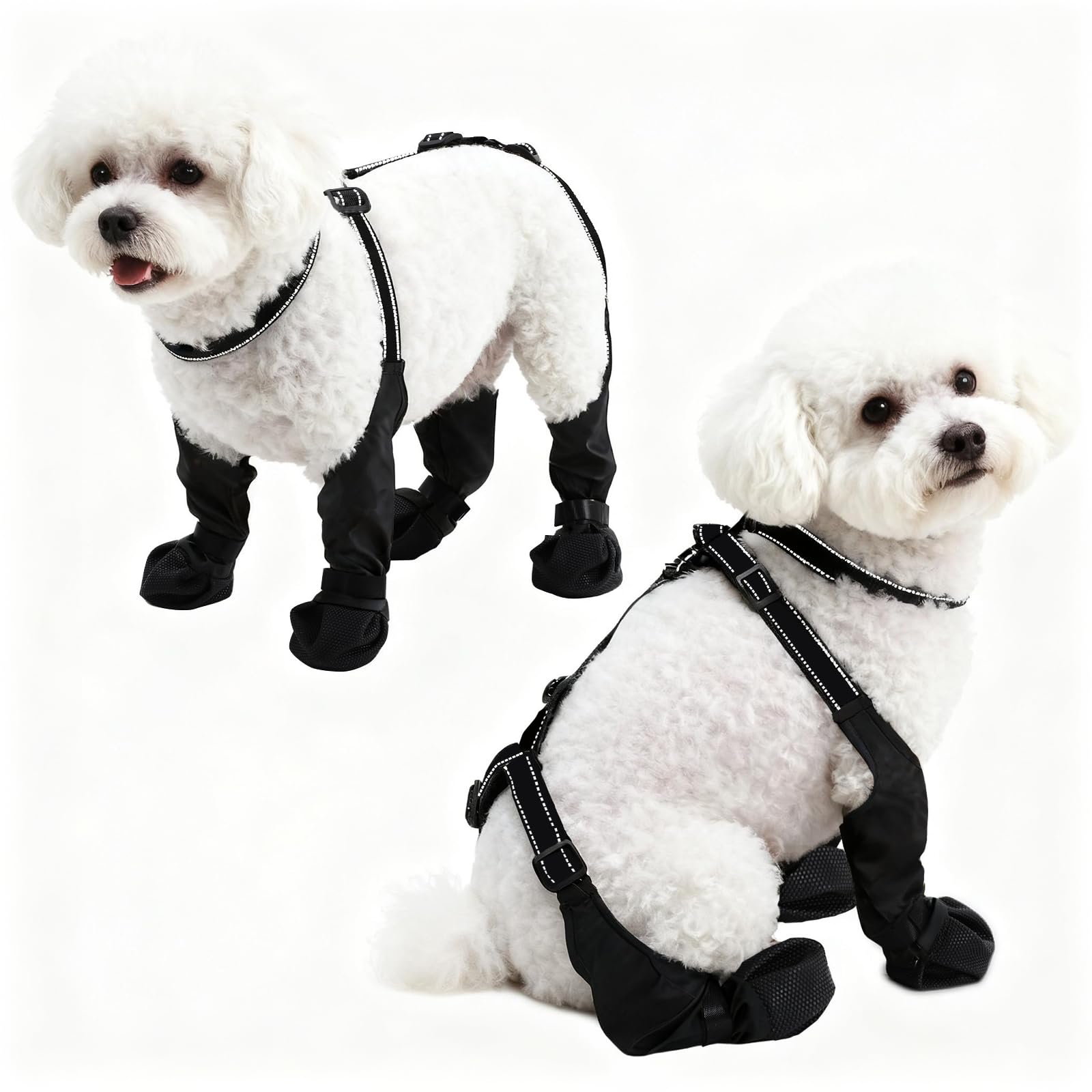 Photo 1 of BECROWM Waterproof Dog Boots for Small/Medium Dogs -Dog Paw Protectors Dog Suspender Boots Anti-Slip Pet Shoes for Outdoor Walking, Reflective Stay-On,Dirt-Proof Comfortable Booties (Black, Small)