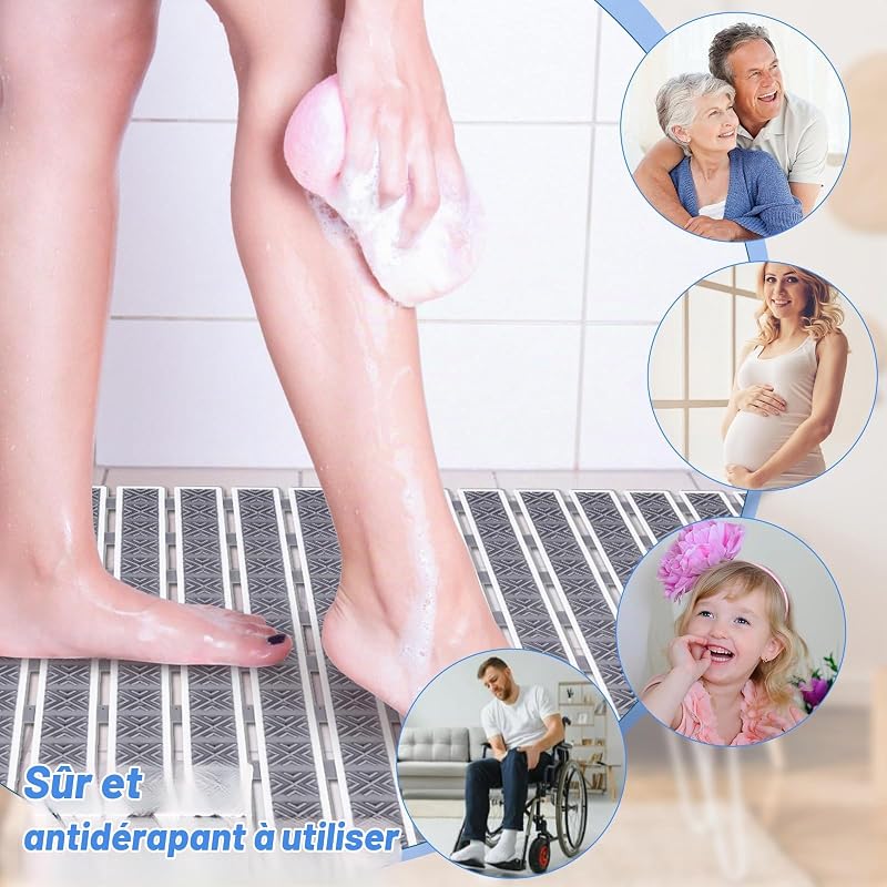 Caillebotis Douche 70 x 40cm, Tapis Baignoire Antidérapant Tapis de Bain avec Ventouse Tapis Douche sans BPA et Résistant aux Moisissures pour Les Seniors, Les Adultes