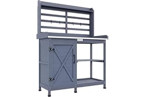 Outsunny Outdoor Wooden Potting Bench Table, Garden Workstation with Storage Cabinet, Storage Shelves for Backyard, Patio, Balcony, Gray